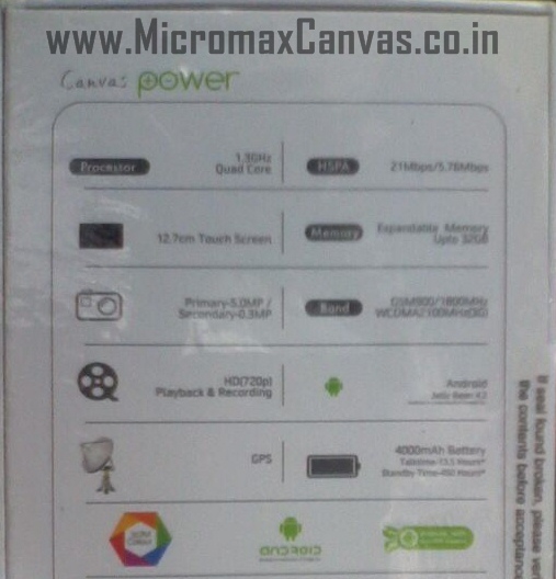 Micromax Canvas Power with 4000mAh battery leaked online, 5-inch display and 4.2 jelly bean OS Micromax Canvas Power with 4000mAh battery leaked online, 5-inch display and 4.2 jelly bean OS
