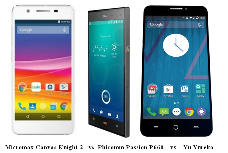 Micromax Canvas Knight 2 vs Phicomm Passion P660 vs Yu Yureka