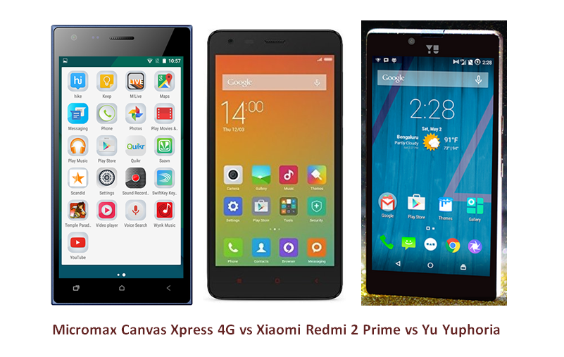 Micromax Canvas Xpress 4G vs Xiaomi Redmi 2 Prime vs Yu Yuphoria