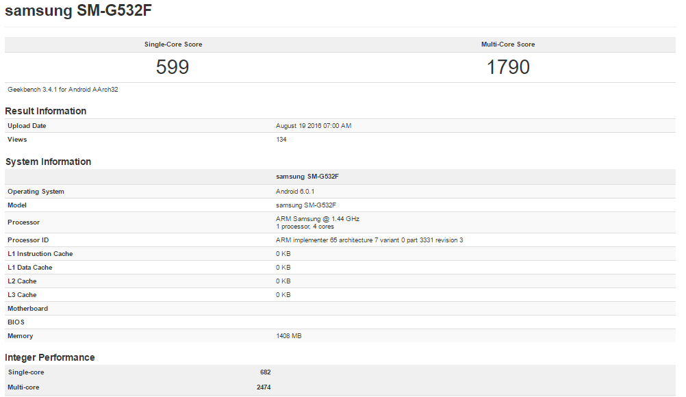 Samsung Galaxy Grand Prime 2016 GeekBench