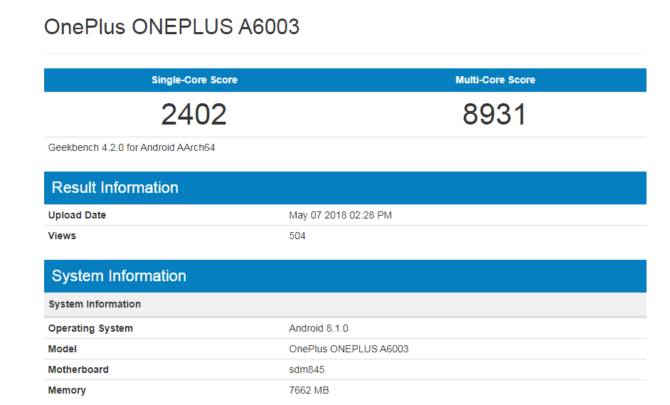 OnePlus 6 Benchmark Scores: AnTuTu and Geekbench Listings